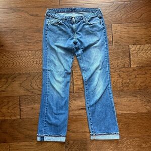J Crew Vintage Rigid Denim Straight Leg Jeans Red Stitch Cuff Faded Indigo 31x27
